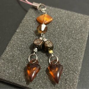 Brown, Gold, Amber Beaded Hearts Bag Cell Phone or Key Charm
